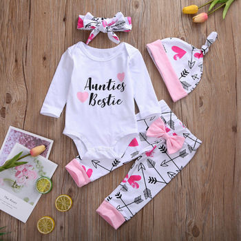 Newborn Baby Girl 4PCS Clothes Romper Tops Bowknot Pants Hat Headband Outfits AU